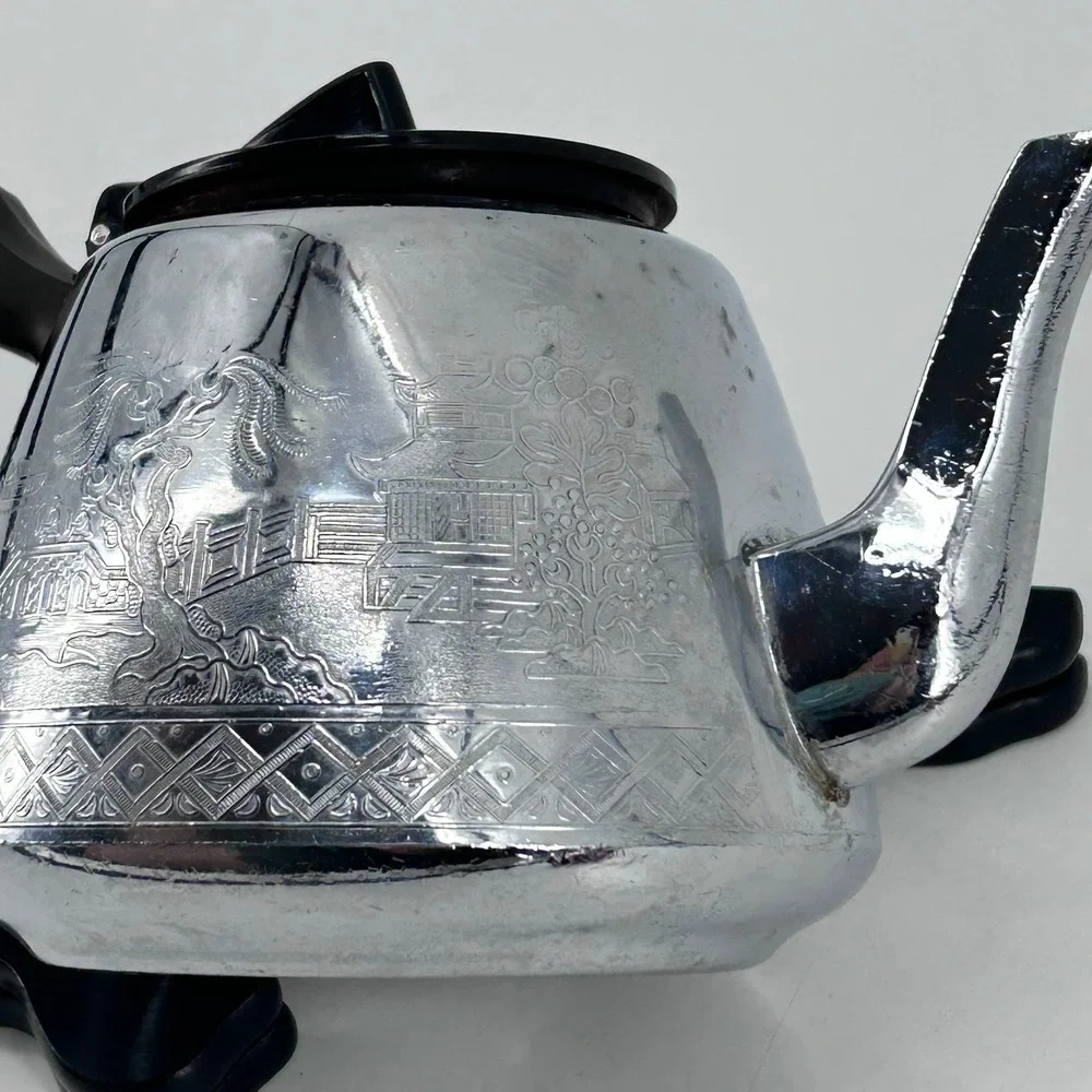 Vintage Swan Brand Willow Ware Chrome Teapot 6 Cup Engraved Pagoda Made England